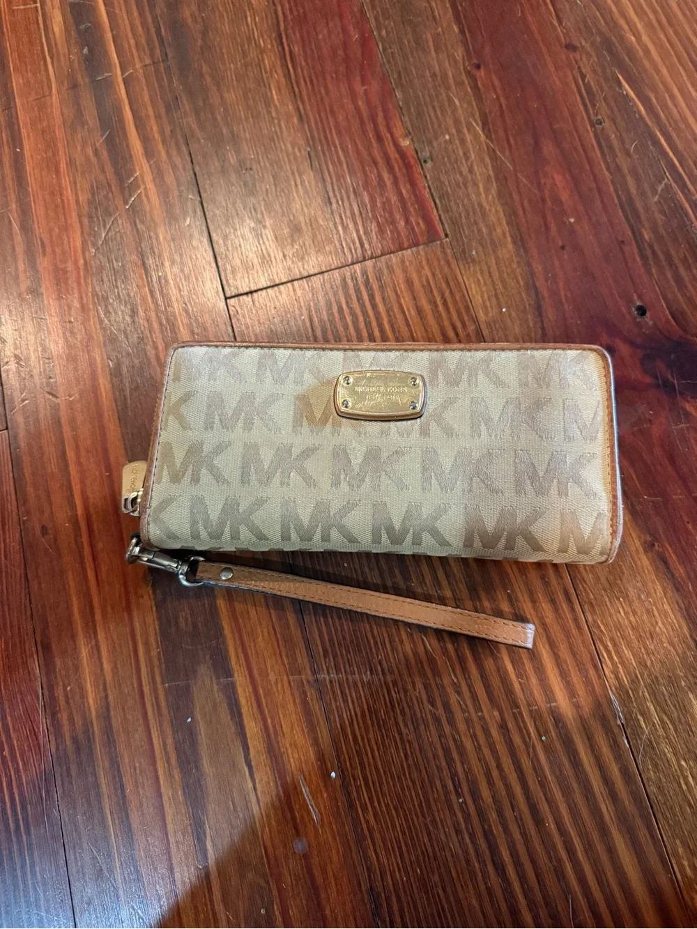 Michael Kors Tan Beige MK Logo Wristlet Wallet with Gold Plate